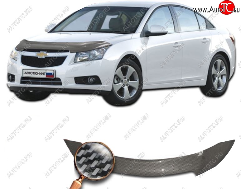 2 559 р. Дефлектор капота CA-Plastiс  Chevrolet Cruze ( J300,  D2LC) (2009-2018) седан дорестайлинг, седан рестайлинг, седан дорестайлинг (Шелкография карбон-серебро)  с доставкой в г. Горно‑Алтайск