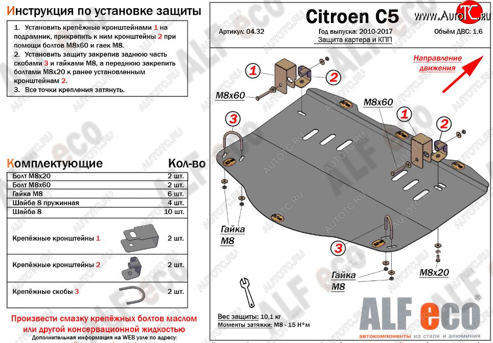 4 999 р. Защита картера двигателя и КПП (V-1,6MT) Alfeco CITROEN C5 RW доресталийнг, универсал (2008-2017) (Сталь 2 мм)  с доставкой в г. Горно‑Алтайск