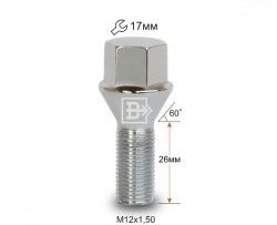 112 р. Колёсный болт длиной 26 мм Вектор M12 1.5 26 под гаечный ключ (пос.место: конус) Renault Fluence рестайлинг (2012-2016). Увеличить фотографию 1