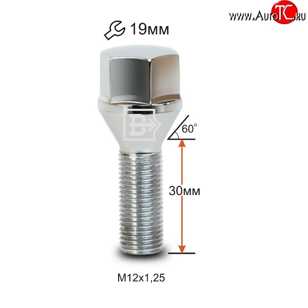 112 р. Колёсный болт длиной 30 мм Вектор M12 1.25 30 под гаечный ключ (пос.место: конус) Acura TSX CU2 седан (2008-2014)