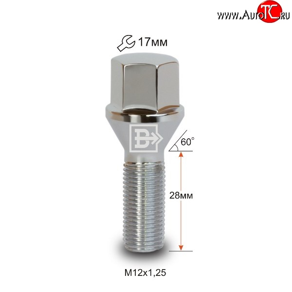 112 р. Колёсный болт длиной 28 мм Вектор M12 1.25 28 под гаечный ключ FAW Besturn X80 рестайлинг (2016-2021)