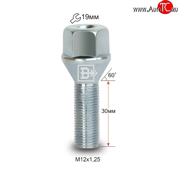 60 р. Колёсный болт длиной 30 мм Вектор M12 1.25 30 под гаечный ключ Peugeot 308 T7 универсал дорестайлинг (2007-2011)