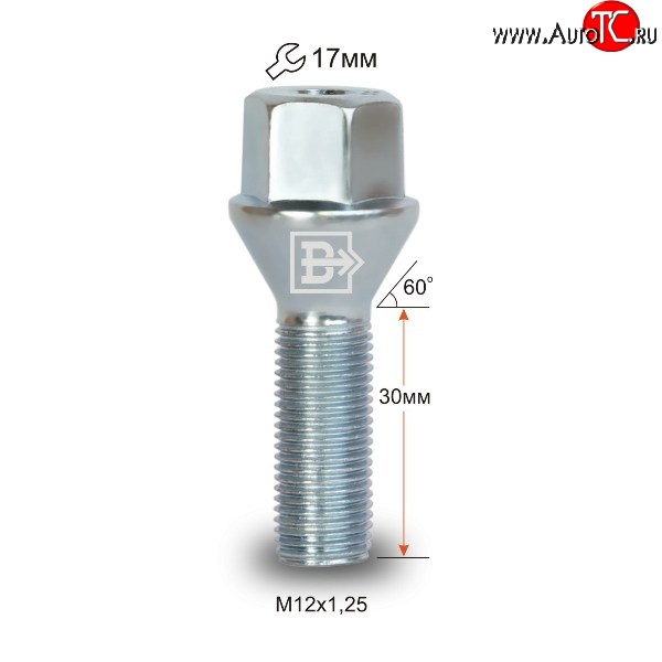 52 р. Колёсный болт длиной 30 мм Вектор M12 1.25 30 под гаечный ключ    с доставкой в г. Горно‑Алтайск
