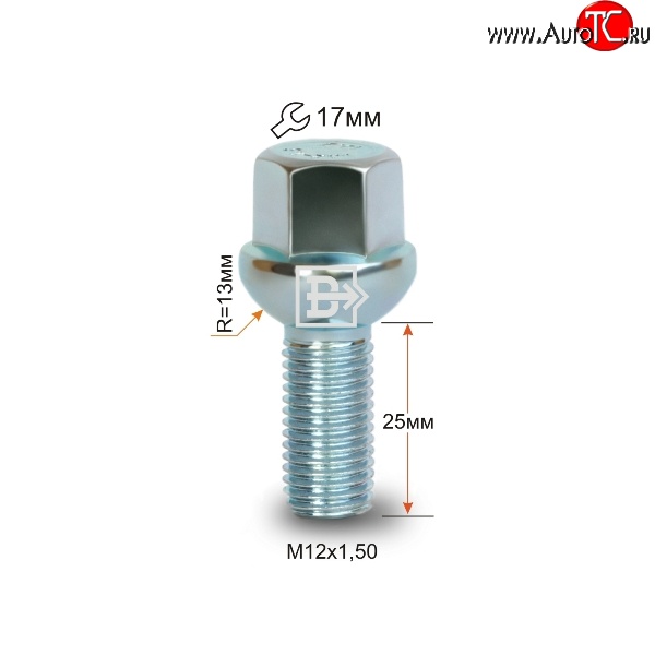 107 р. Колёсный болт длиной 25 мм Вектор M12 1.5 25 под гаечный ключ Hyundai Avante (2010-2013)