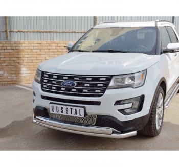 22 949 р. Защита переднего бампера (2 трубыØ63 и 75х42 мм, нержавейка) Russtal Ford Explorer U502 1-ый рестайлинг, 5 дв. (2015-2018)  с доставкой в г. Горно‑Алтайск. Увеличить фотографию 1