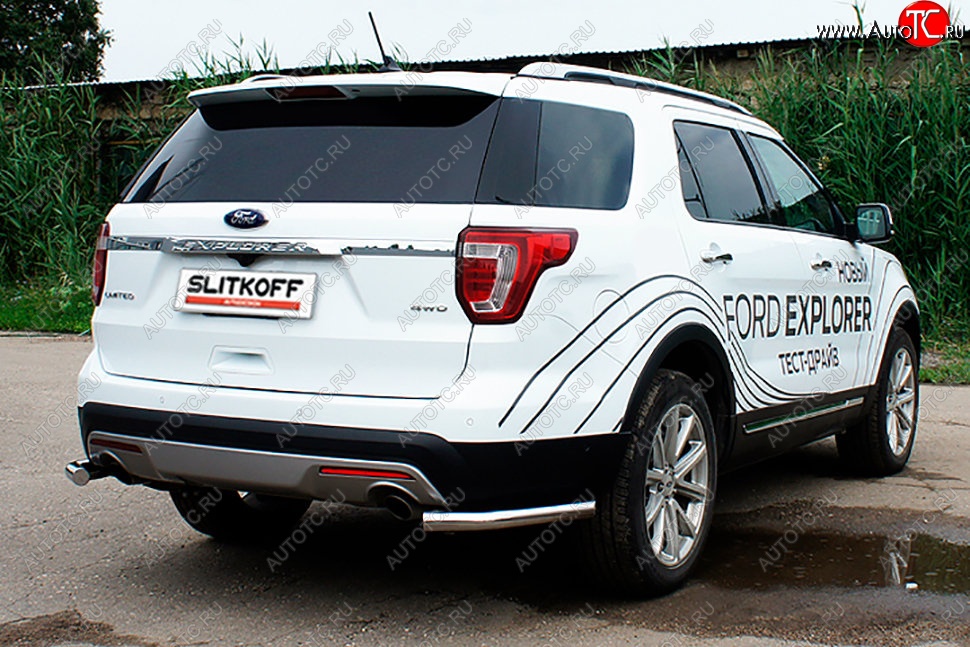 10 999 р. Защита заднего бампера Slitkoff (d57 мм, уголки)  Ford Explorer  U502 (2017-2019) 2-ой рестайлинг, 5 дв. (Нержавейка, Полированная)  с доставкой в г. Горно‑Алтайск