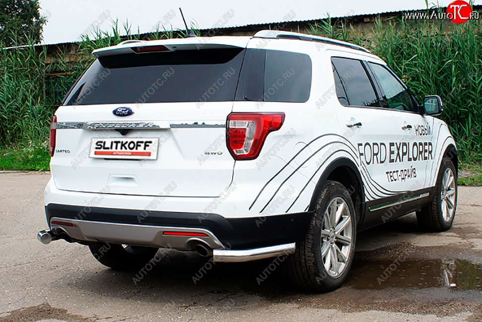 12 699 р. Защита заднего бампера Slitkoff (d76 мм, уголки)  Ford Explorer  U502 (2017-2019) 2-ой рестайлинг, 5 дв. (Нержавейка, Полированная)  с доставкой в г. Горно‑Алтайск