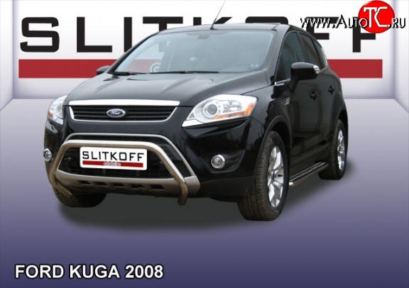 22 649 р. Усиленная низкая защита переднего бампера Slitkoff Ford Kuga 1 (2008-2013) (Нержавейка, Полированная)  с доставкой в г. Горно‑Алтайск