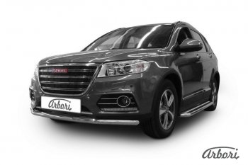 Защита переднего бампера Arbori (нержавейка, 2 трубы d57 и 42 mm) Haval H6 (2016-2023)