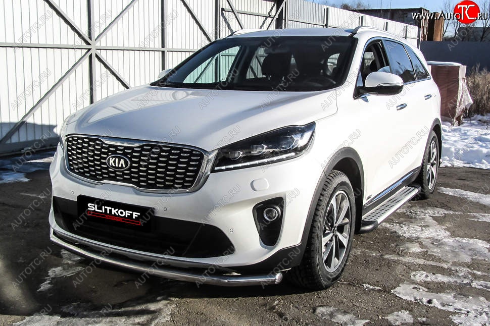 11 299 р. Защита переднего бампера Slitkoff (двойная, d57/42)  KIA Sorento  UM/Prime (2018-2020) рестайлинг (Нержавейка, Полированная)  с доставкой в г. Горно‑Алтайск