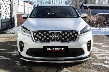 11 299 р. Защита переднего бампера Slitkoff (двойная, d57/42)  KIA Sorento  UM/Prime (2018-2020) рестайлинг (Нержавейка, Полированная)  с доставкой в г. Горно‑Алтайск. Увеличить фотографию 2