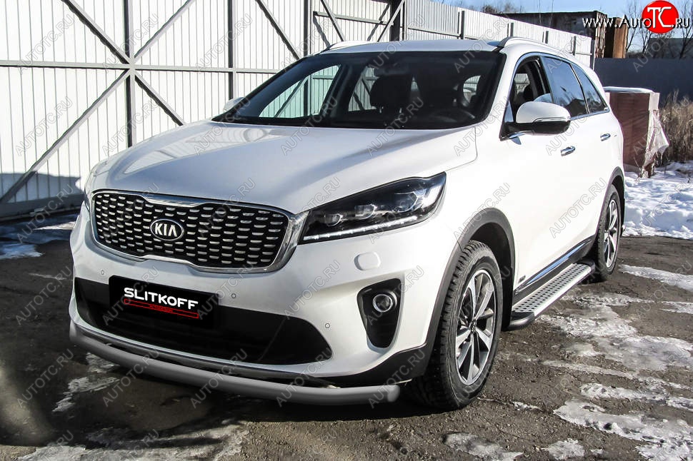 7 899 р. Защита переднего бампера Slitkoff (двойная, d57/42)  KIA Sorento  UM/Prime (2018-2020) рестайлинг (Сталь с полимерным покрытием. Цвет: серебристый)  с доставкой в г. Горно‑Алтайск