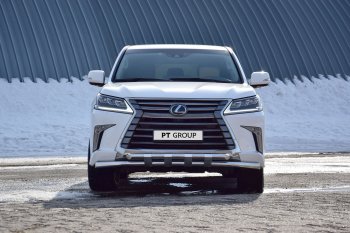 Защита переднего бампера двойная с пластинами из труб d63/63 мм Petroil Tuning Lexus LX450d J200 2-ой рестайлинг (2015-2022)  (Нержавеющая полированная сталь)