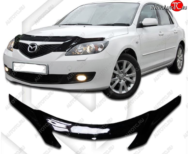 2 599 р. Дефлектор капота CA-Plastiс  Mazda 3/Axela  BK (2003-2009) дорестайлинг, хэтчбэк, рестайлинг, хэтчбэк (Classic черный, Без надписи)  с доставкой в г. Горно‑Алтайск