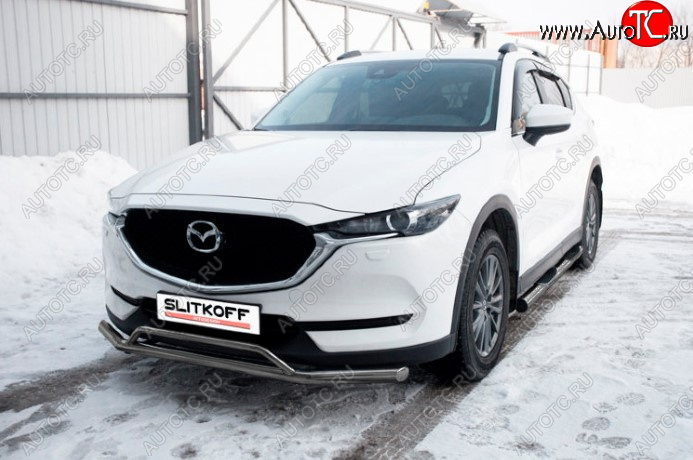 10 599 р. Защита переднего бампера Slitkoff (Ø 57+Ø 32, двойная). Mazda CX-5 KF (2016-2025) (Сталь с полимерным покрытием. Цвет: серебристый)  с доставкой в г. Горно‑Алтайск