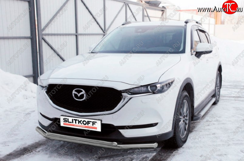 10 699 р. Защита переднего бампера Slitkoff (Ø 57+Ø 42, двойная). Mazda CX-5 KF (2016-2025) (Сталь с полимерным покрытием. Цвет: серебристый)  с доставкой в г. Горно‑Алтайск