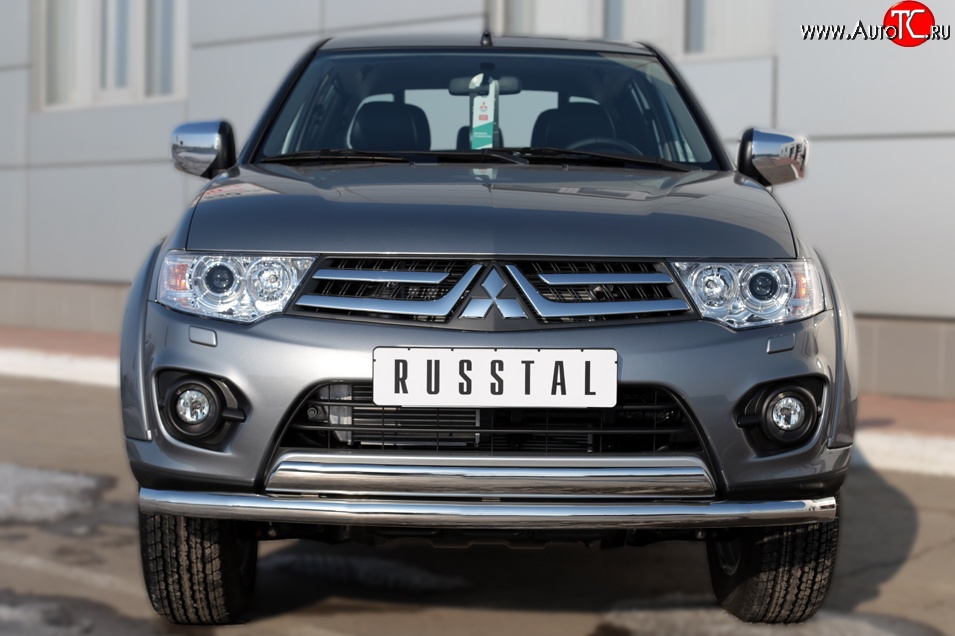 22 949 р. Защита переднего бампера (2 трубы Ø63 и 75х42 мм, нержавейка) Russtal Mitsubishi L200 5 KK,KL дорестайлинг (2015-2019)  с доставкой в г. Горно‑Алтайск