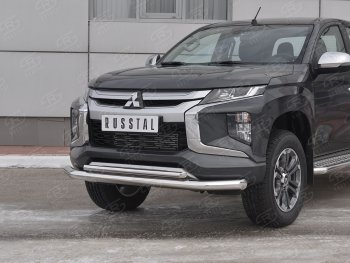 24 599 р. Защита переднего бампера (2 трубы Ø76 и 42 мм, нержавейка) SLITKOFF Mitsubishi L200 5 KK,KL рестайлинг (2018-2022)  с доставкой в г. Горно‑Алтайск. Увеличить фотографию 2