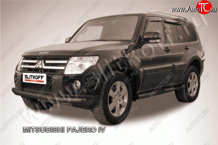 10 499 р. Защита переднего бампер Slitkoff Mitsubishi Pajero 4 V80 дорестайлинг (2006-2011) (Цвет: серебристый)  с доставкой в г. Горно‑Алтайск