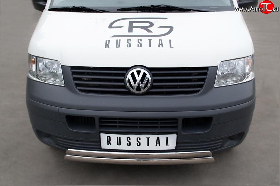 22 299 р. Защита переднего бампера (2 трубыØ75х42 мм, нержавейка) Russtal Volkswagen Transporter T5 дорестайлинг (2003-2009)  с доставкой в г. Горно‑Алтайск