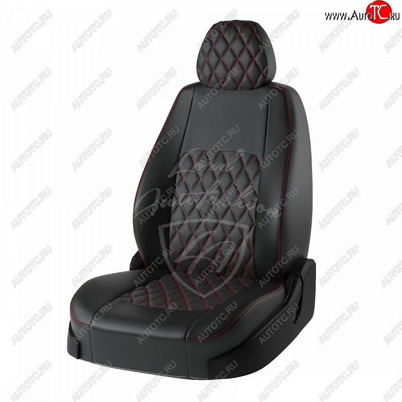 7 099 р. Чехлы для сидений Lord Autofashion Турин Ромб (экокожа) Nissan Almera G15 седан (2012-2019) (Черный, вставка черная, строчка красная)  с доставкой в г. Горно‑Алтайск