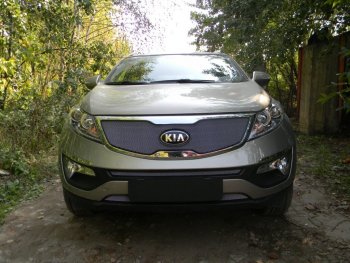 Защитная сетка в бампер (верх, ячейка 3х7 мм) Alfeco Стандарт KIA (КИА) Sportage (Спортаж)  3 SL (2010-2014) 3 SL дорестайлинг  (Хром)