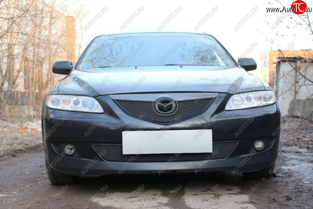 3 099 р. Защитная сетка в бампер (верх, ячейка 3х7 мм) Alfeco Стандарт  Mazda 6  GG (2002-2005) лифтбэк дорестайлинг, седан дорестайлинг (Чёрная)  с доставкой в г. Горно‑Алтайск