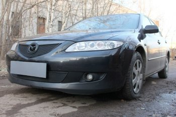 3 099 р. Защитная сетка в бампер (верх, ячейка 3х7 мм) Alfeco Стандарт  Mazda 6  GG (2002-2005) лифтбэк дорестайлинг, седан дорестайлинг (Чёрная)  с доставкой в г. Горно‑Алтайск. Увеличить фотографию 3