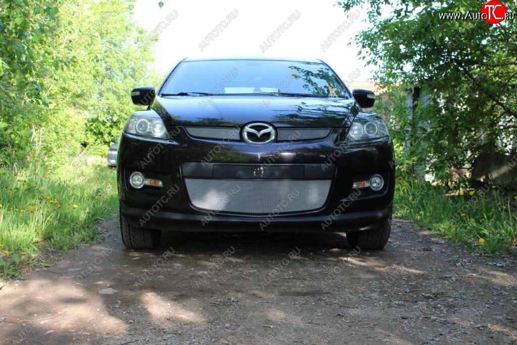 3 399 р. Защитная сетка в бампер (низ, ячейка 3х7 мм) Alfeco Стандарт  Mazda CX-7  ER (2006-2010) дорестайлинг (Хром)  с доставкой в г. Горно‑Алтайск