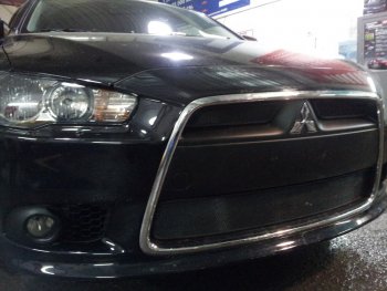 5 899 р. Защитная сетка в бампер (3 части, ячейка 3х7 мм) Alfeco Стандарт Mitsubishi Lancer 10 седан рестайлинг (2011-2017) (Чёрная)  с доставкой в г. Горно‑Алтайск. Увеличить фотографию 3