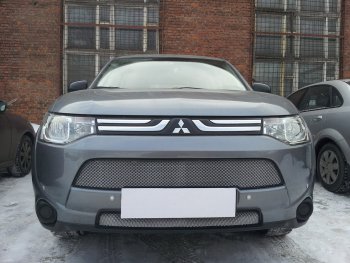 Защитная сетка в бампер (2 части, ячейка 3х7 мм) Alfeco Стандарт Mitsubishi Outlander GF дорестайлинг (2012-2014)  (Хром)