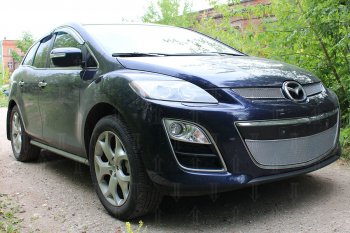 4 299 р. Защитная сетка в бампер (низ, ячейка 4х10 мм) Alfeco Премиум Mazda CX-7 ER рестайлинг (2010-2012) (Хром)  с доставкой в г. Горно‑Алтайск. Увеличить фотографию 2