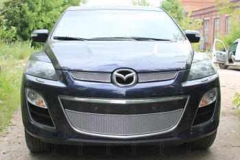 Защитная сетка в бампер (низ, ячейка 4х10 мм) Alfeco Премиум Mazda CX-7 ER рестайлинг (2010-2012)  (Хром)