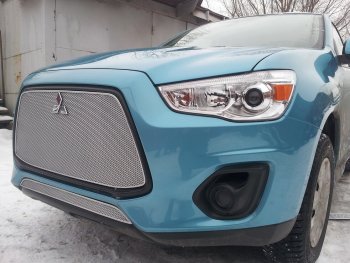 4 299 р. Защитная сетка в бампер (низ, ячейка 4х10 мм) Alfeco Премиум  Mitsubishi ASX (2013-2016) 1-ый рестайлинг (Хром)  с доставкой в г. Горно‑Алтайск. Увеличить фотографию 2