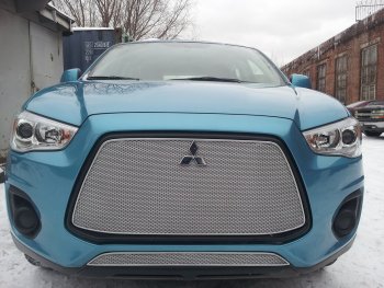 4 299 р. Защитная сетка в бампер (низ, ячейка 4х10 мм) Alfeco Премиум  Mitsubishi ASX (2013-2016) 1-ый рестайлинг (Хром)  с доставкой в г. Горно‑Алтайск. Увеличить фотографию 3