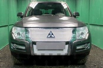 Защитная сетка в бампер (верх, ячейка 4х10 мм) Стрелка11 Премиум Mitsubishi Pajero 4 V90 2-ой рестайлинг (2014-2020)  (Хром)