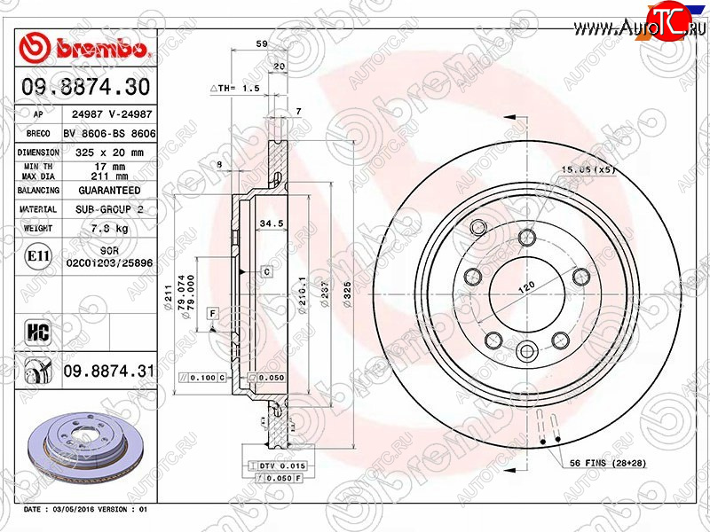 7 199 р. Задний тормозной диск (вентилируемый, d 325) BREMBO дизель Land Rover Range Rover Sport 1 L320 дорестайлинг (2005-2009)  с доставкой в г. Горно‑Алтайск