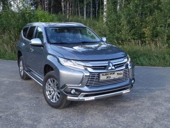 Защита передняя нижняя овальная с ДХО 75х42 мм ТСС Тюнинг Mitsubishi (Митсубиси) Pajero Sport (Паджеро)  QE (2015-2021) QE дорестайлинг  (нержавейка)