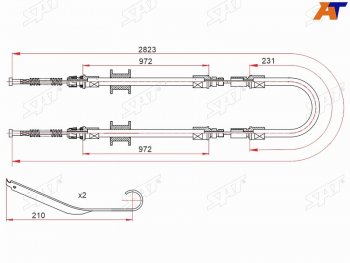 Трос ручного тормоза RH-LH V2.0-2.5 SAT Ford (Форд) Transit (Транзит) ( 4) (1994-2024) 4 цельнометаллический фургон 2-ой рестайлинг, цельнометаллический фургон дорестайлинг, цельнометаллический фургон, цельнометаллический фургон,  рестайлинг  (одинарные колеса)