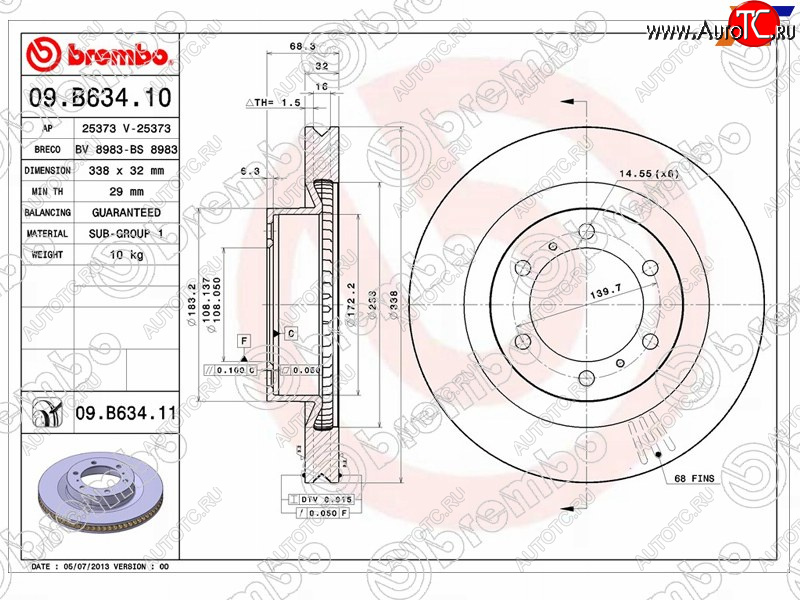 22 499 р. Диск тормозной передний Ø338 BREMBO  Lexus GX460  J150 (2009-2022), Toyota 4Runner  N280 (2009-2013), Toyota Land Cruiser Prado  J150 (2009-2025)  с доставкой в г. Горно‑Алтайск