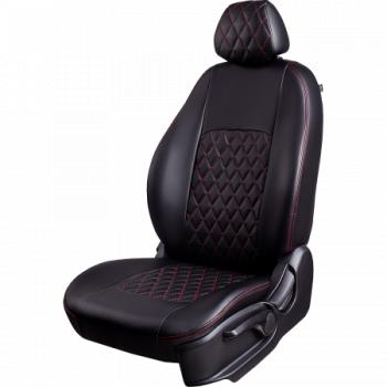 Комплект чехлов для сидений (1+2 места Илана+Орегон) ТУРИН ст РОМБ Lord Autofashion Ford Transit (2014-2022) цельнометаллический фургон (черный, вставка черная+красная, строчка красная)