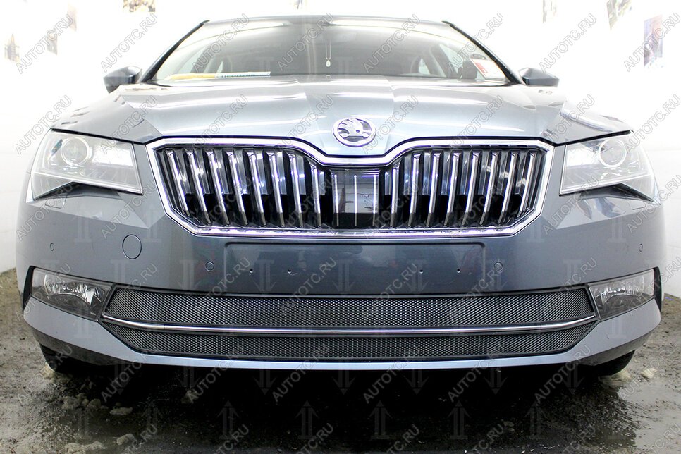 4 649 р. Защита радиатора (2 части) Стрелка11 Стандарт  Skoda Superb ( B8 (3V),  B8 (3V5)) (2015-2019) лифтбэк дорестайлинг, универсал дорестайлинг (черная)  с доставкой в г. Горно‑Алтайск