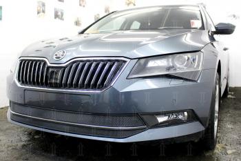 4 649 р. Защита радиатора (2 части) Стрелка11 Стандарт  Skoda Superb ( B8 (3V),  B8 (3V5)) (2015-2019) лифтбэк дорестайлинг, универсал дорестайлинг (черная)  с доставкой в г. Горно‑Алтайск. Увеличить фотографию 2