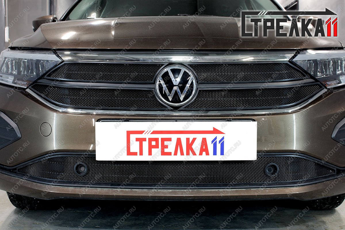 5 749 р. Защита радиатора (верх 4 части) (Origin, Respect, Status) Стрелка11 Стандарт  Volkswagen Polo  Mk6 (2020-2022) лифтбек (черная)  с доставкой в г. Горно‑Алтайск