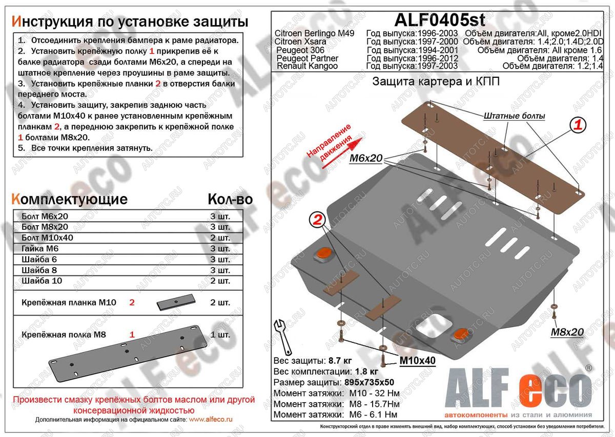 4 699 р. Защита картера и кпп (V-1,1; 1,4; 1,8;2,0;1,9D; 2,0D) ALFECO  Peugeot 306 (1993-2002) (сталь 2 мм)  с доставкой в г. Горно‑Алтайск