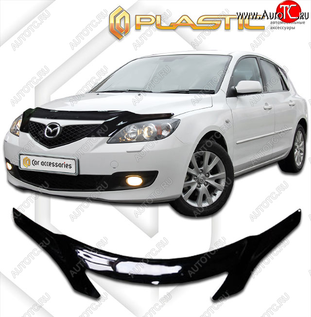 2 599 р. Дефлектор капота (exclusive) CA-Plastic  Mazda 3/Axela  BK (2003-2009) дорестайлинг, хэтчбэк, рестайлинг, хэтчбэк (Classic чёрный, Без надписи)  с доставкой в г. Горно‑Алтайск