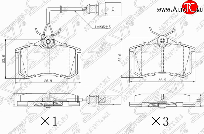 1 189 р. Комплект задних тормозных колодок SAT (с датчиком износа)  Peugeot 308 (T7,  T9), Skoda Octavia (A7), Volkswagen Caravelle (T4), Transporter (T4)  с доставкой в г. Горно‑Алтайск