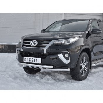 28 799 р. Защита переднего бампера (Ø63 мм с клыками, нержавейка) SLITKOFF Toyota Fortuner AN160 дорестайлинг (2015-2020)  с доставкой в г. Горно‑Алтайск. Увеличить фотографию 4