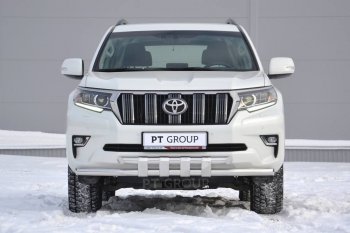 Защита переднего бампера двойная с пластинами из труб d63/63 мм Petroil Tuning Toyota Land Cruiser Prado J150 2-ой рестайлинг (2017-2020)  (Нержавеющая полированная сталь)