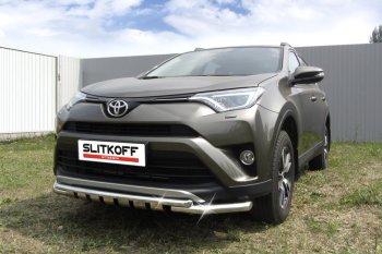 Защита переднего бампера Slitkoff (Ø57 и 42 мм, с декоративными элементами) Toyota (Тойота) RAV4 (рав)  XA40 (2015-2019) XA40 5 дв. рестайлинг  (Нержавейка)